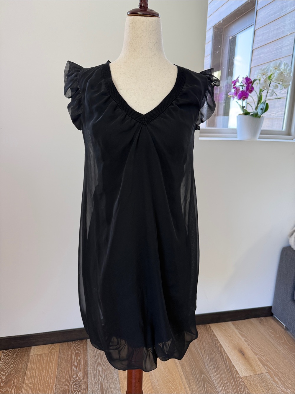 Black Sheer V-Neck Ruffle Sleeve Dress from Love Moschino